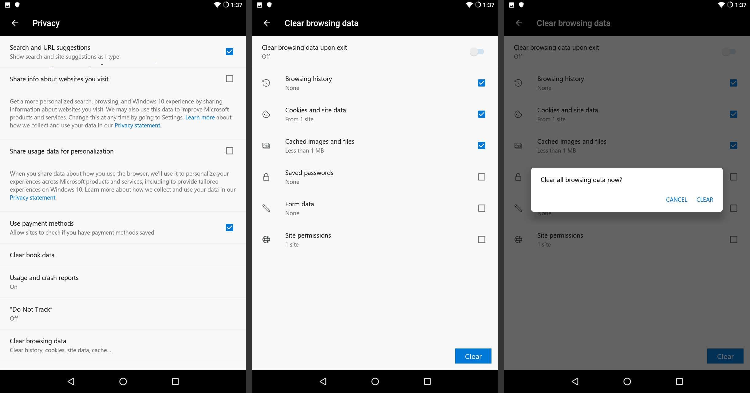Android Microsoft Edge очистить историю