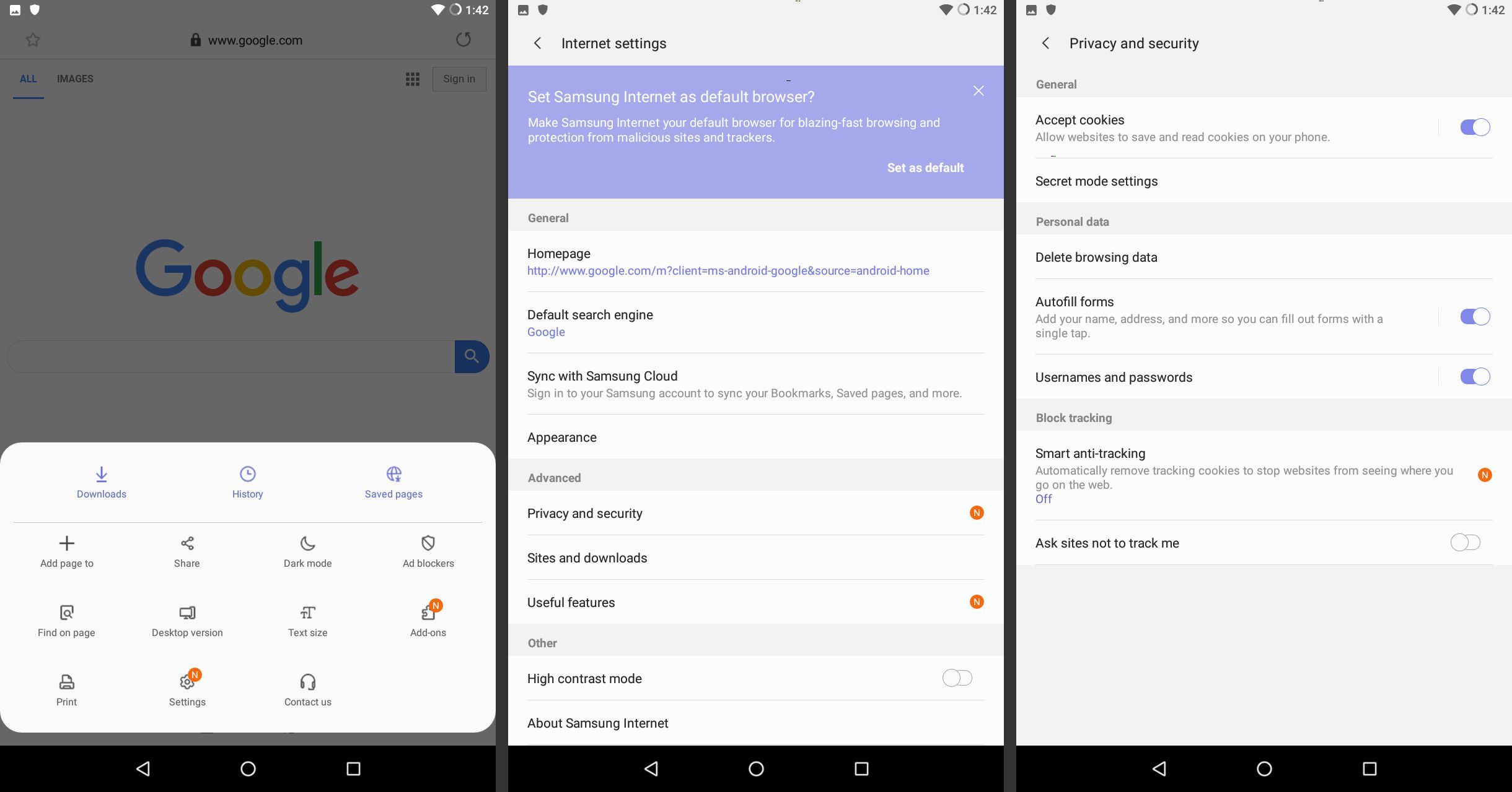 Android Samsung Настройки конфиденциальности в Интернете