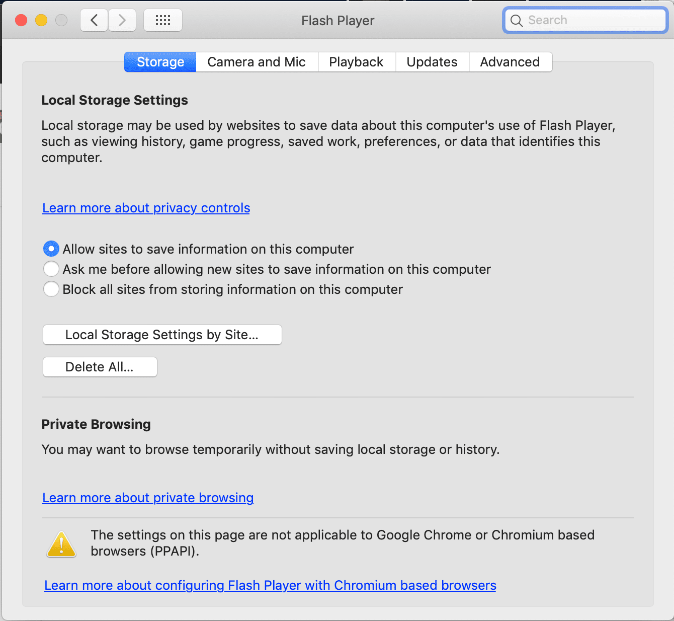 снимок экрана настроек MacOS Flash Player