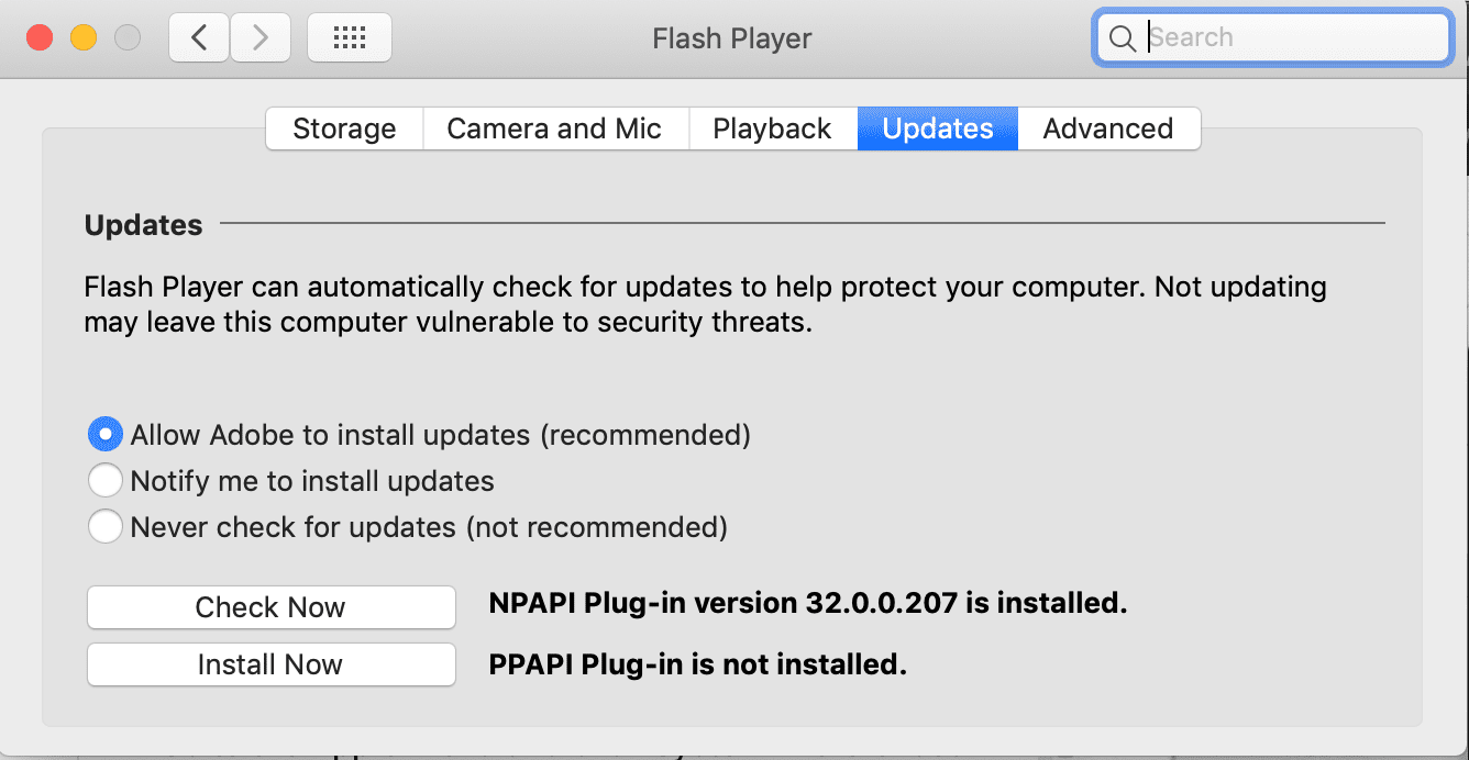снимок экрана настроек обновлений MacOS Flash Player