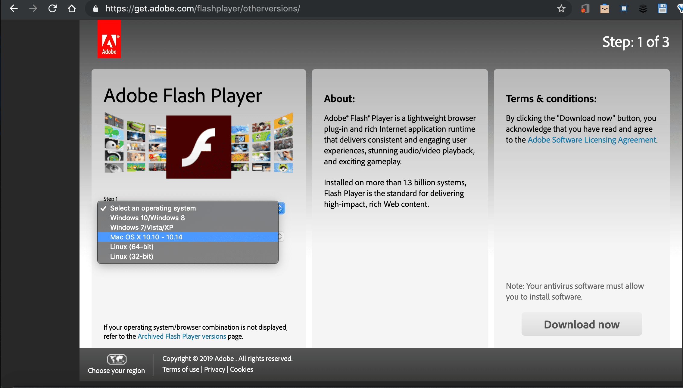 снимок экрана с меню операционной системы на странице загрузки Adobe Flash Player