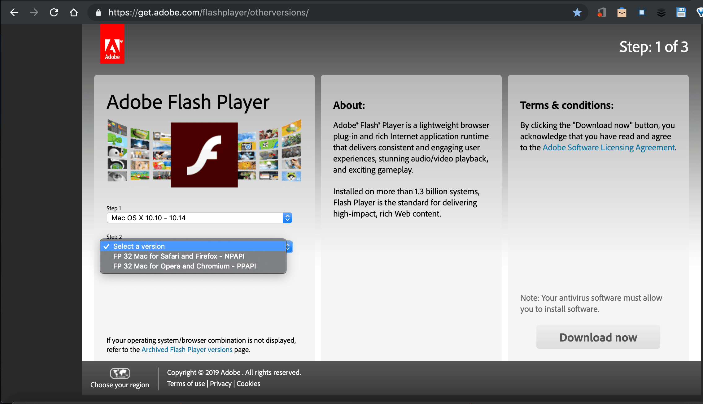 снимок экрана с меню версии на странице загрузки Adobe Flash Player