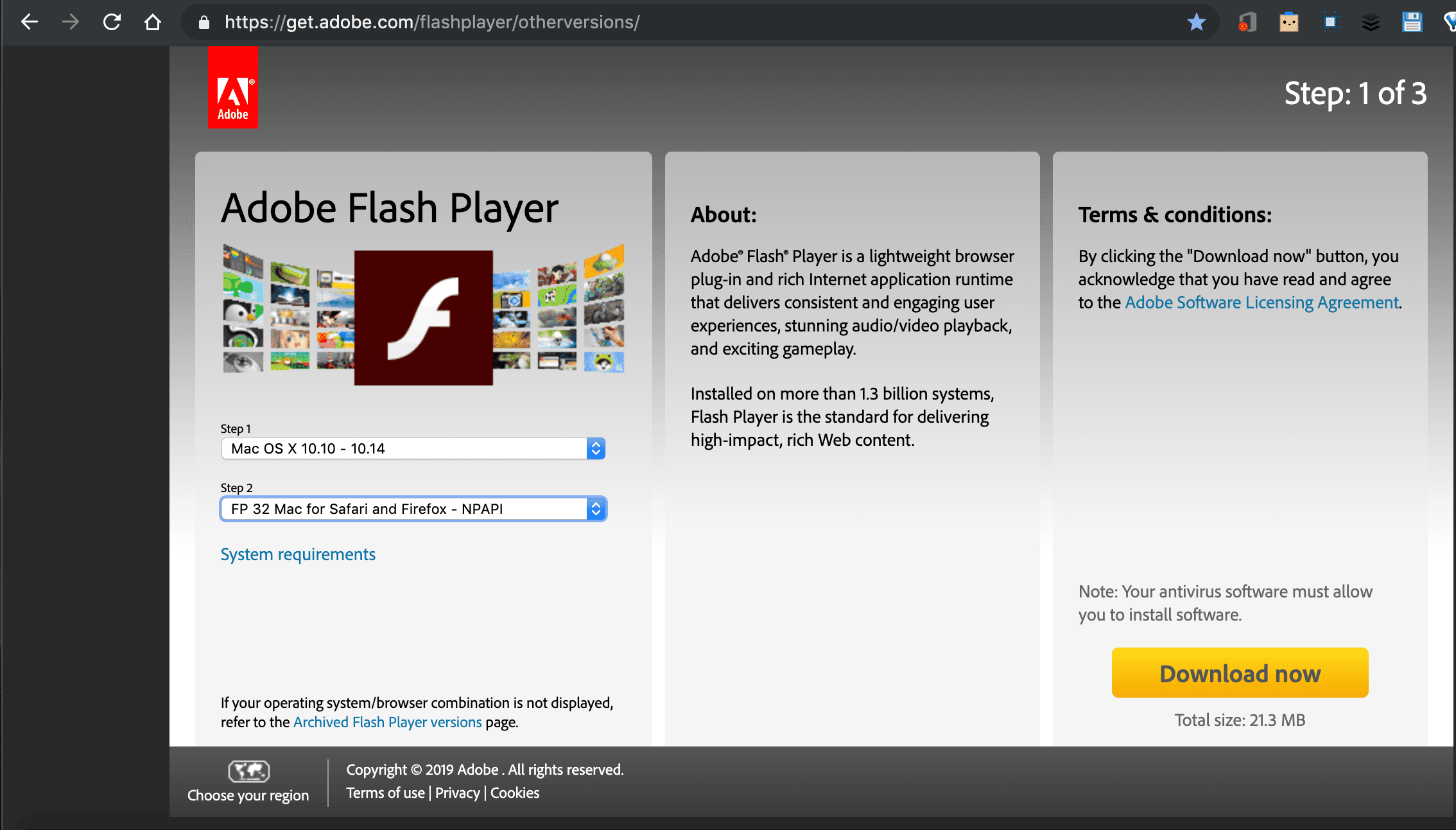 снимок экрана страницы загрузки Adobe Flash Player