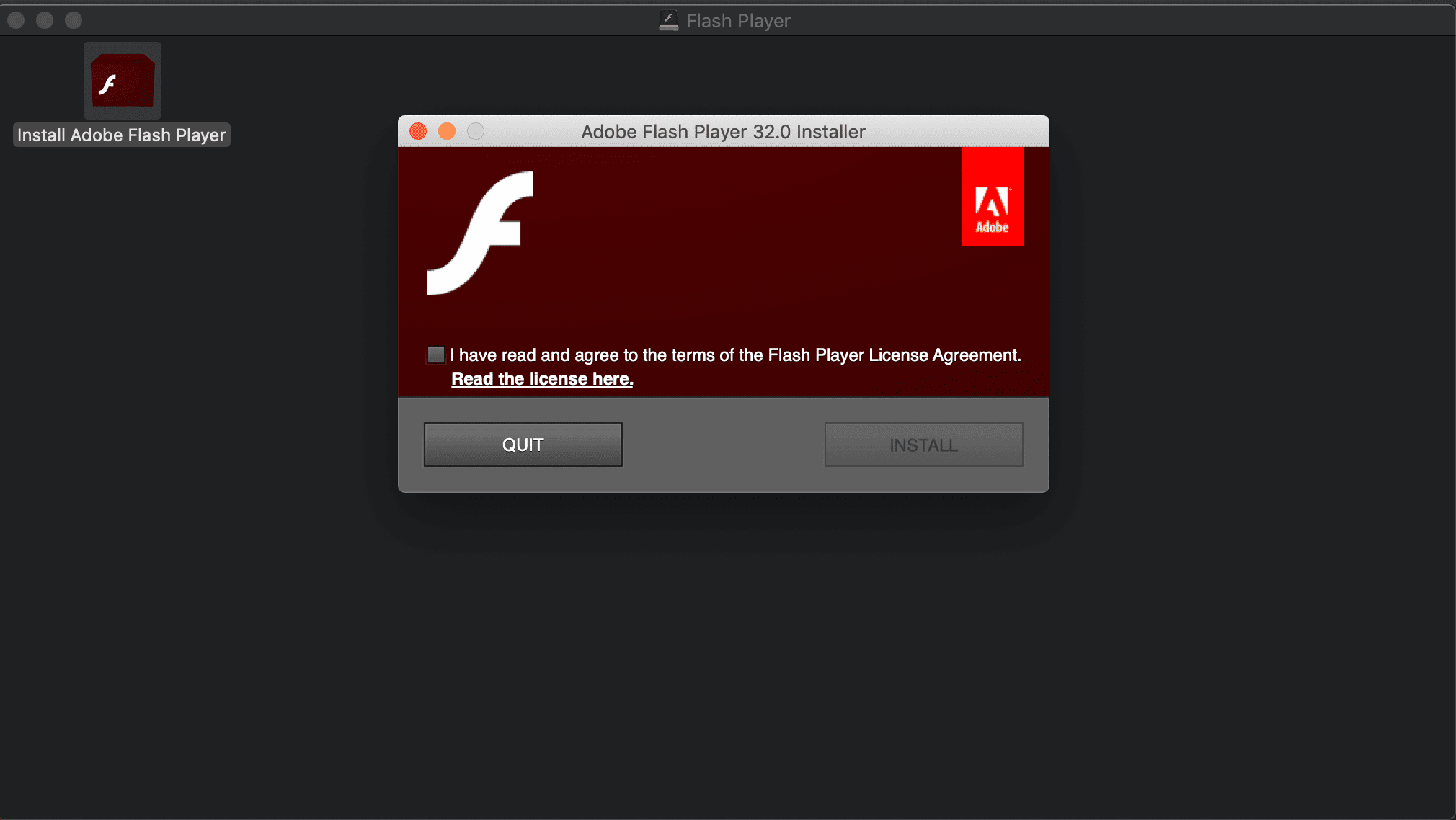 снимок экрана установщика Adobe Flash Player