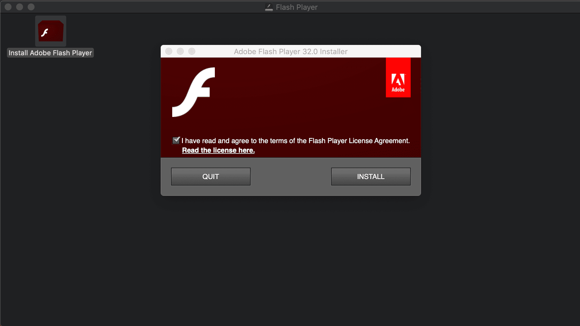 снимок экрана установщика Adobe Flash Player для macOS