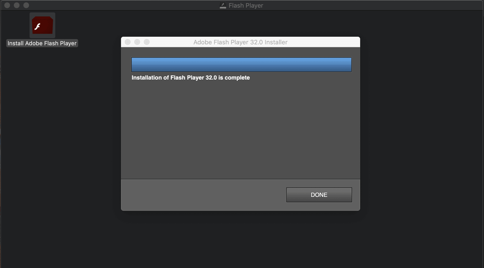 снимок экрана установщика Adobe Flash Player для macOS