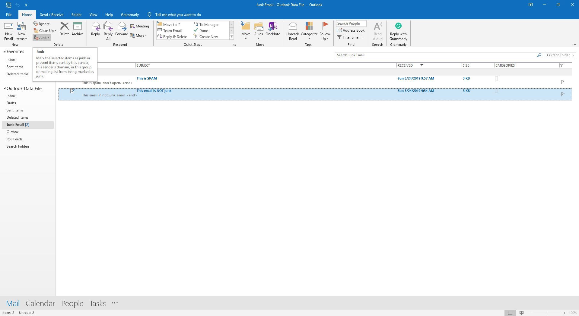 Выделение кнопки нежелательной почты в Outlook.
