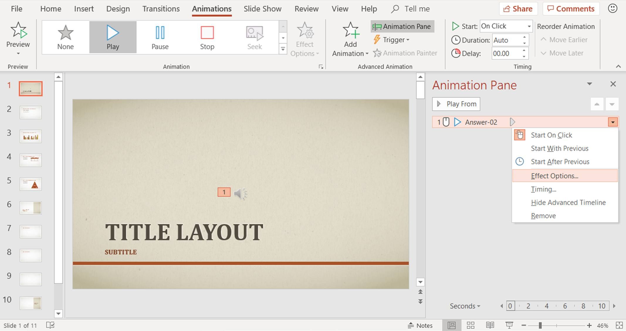 Снимок экрана, показывающий, как добавить эффект к музыкальной анимации PowerPoint