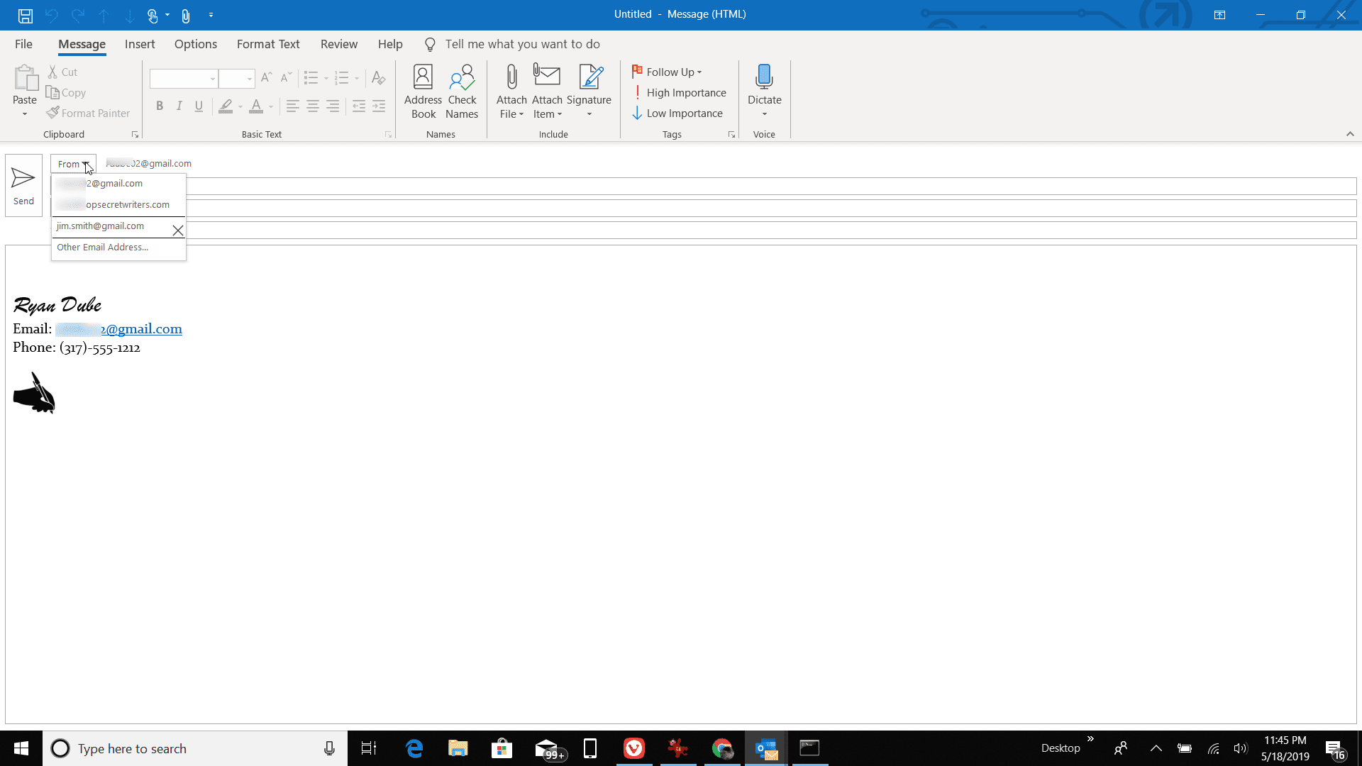 Снимок экрана выбора отправки учетной записи в Outlook