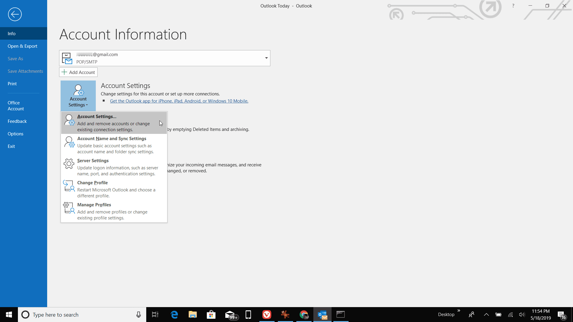 Снимок экрана выбора параметров учетной записи в Outlook