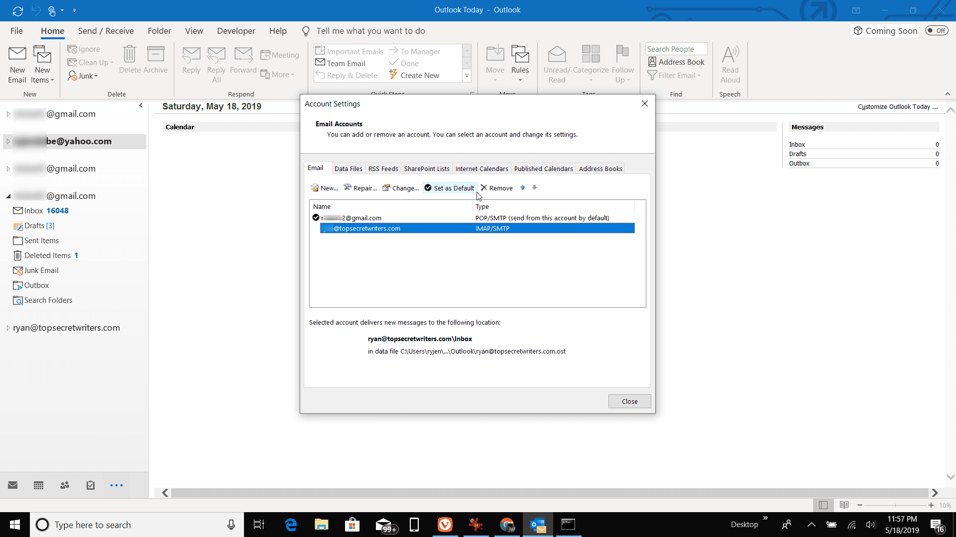 Снимок экрана настройки отправки по умолчанию в Outlook