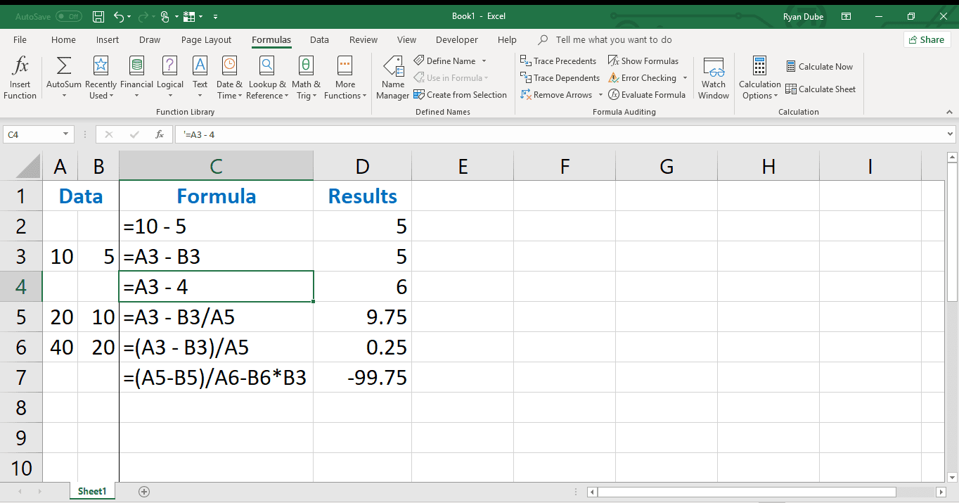 Пример использования ссылок на ячейки и чисел в Excel.