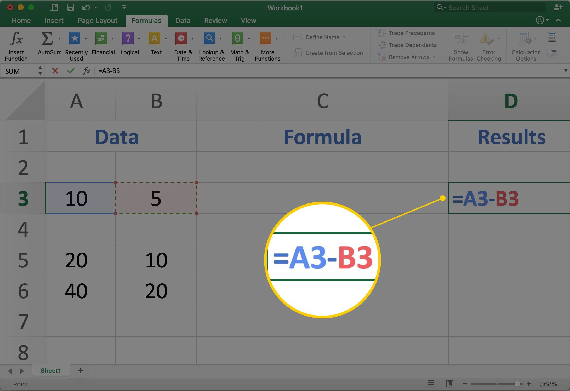 Формула = A3-B3 выделена на скриншоте Excel для Mac