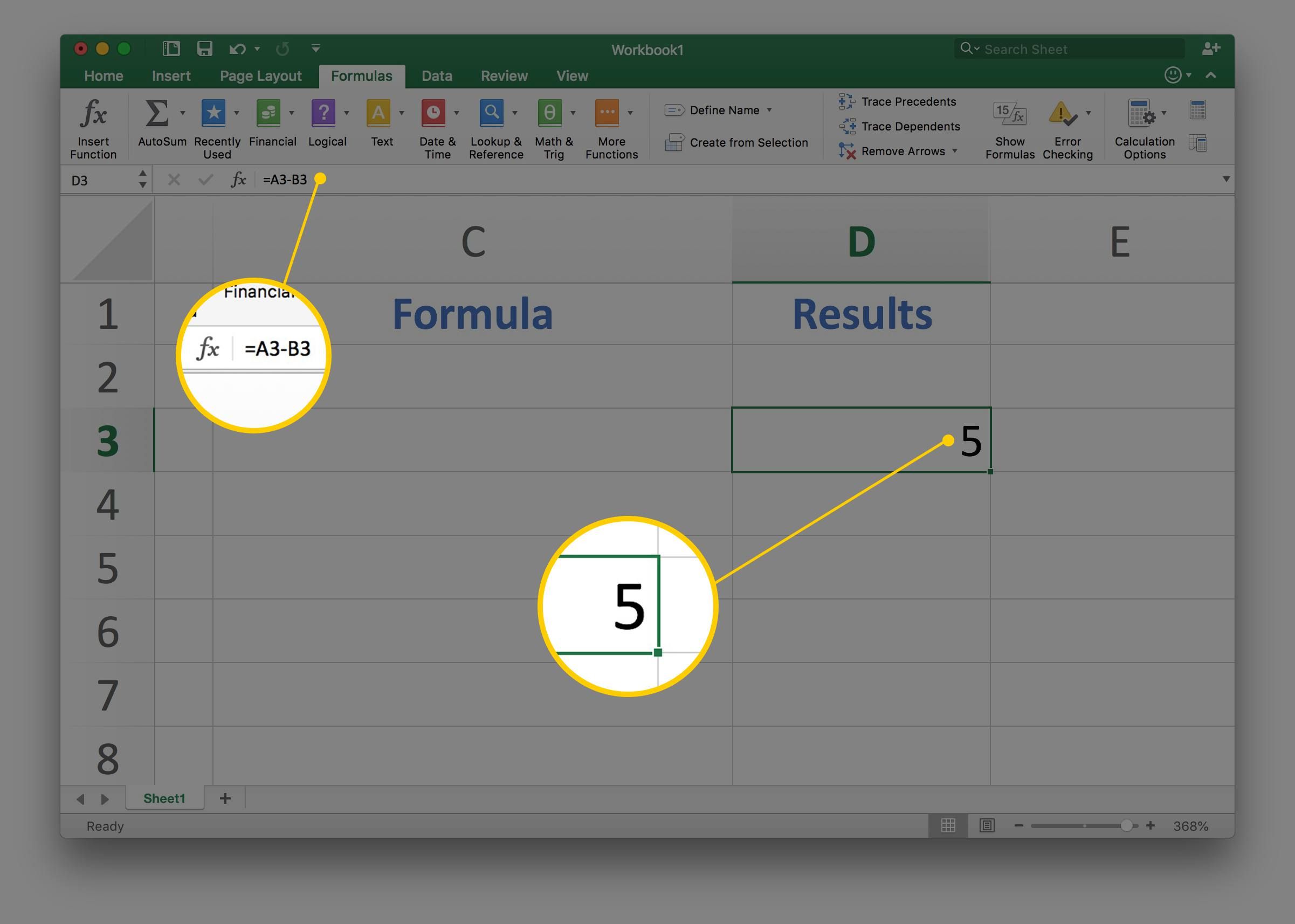 Снимок экрана Excel в Mac, показывающий 5 в столбце «Результаты» и = A3-B3 в строке формул