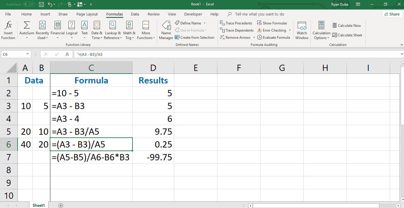 Пример использования скобок в Excel для изменения порядка работы.