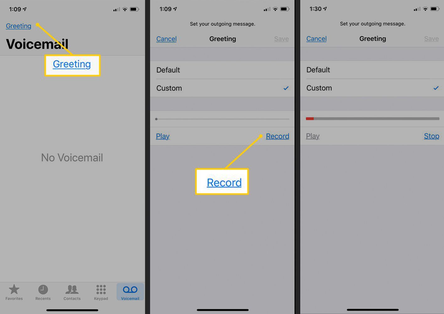 Приветствие, Параметры записи в iOS Voicemail