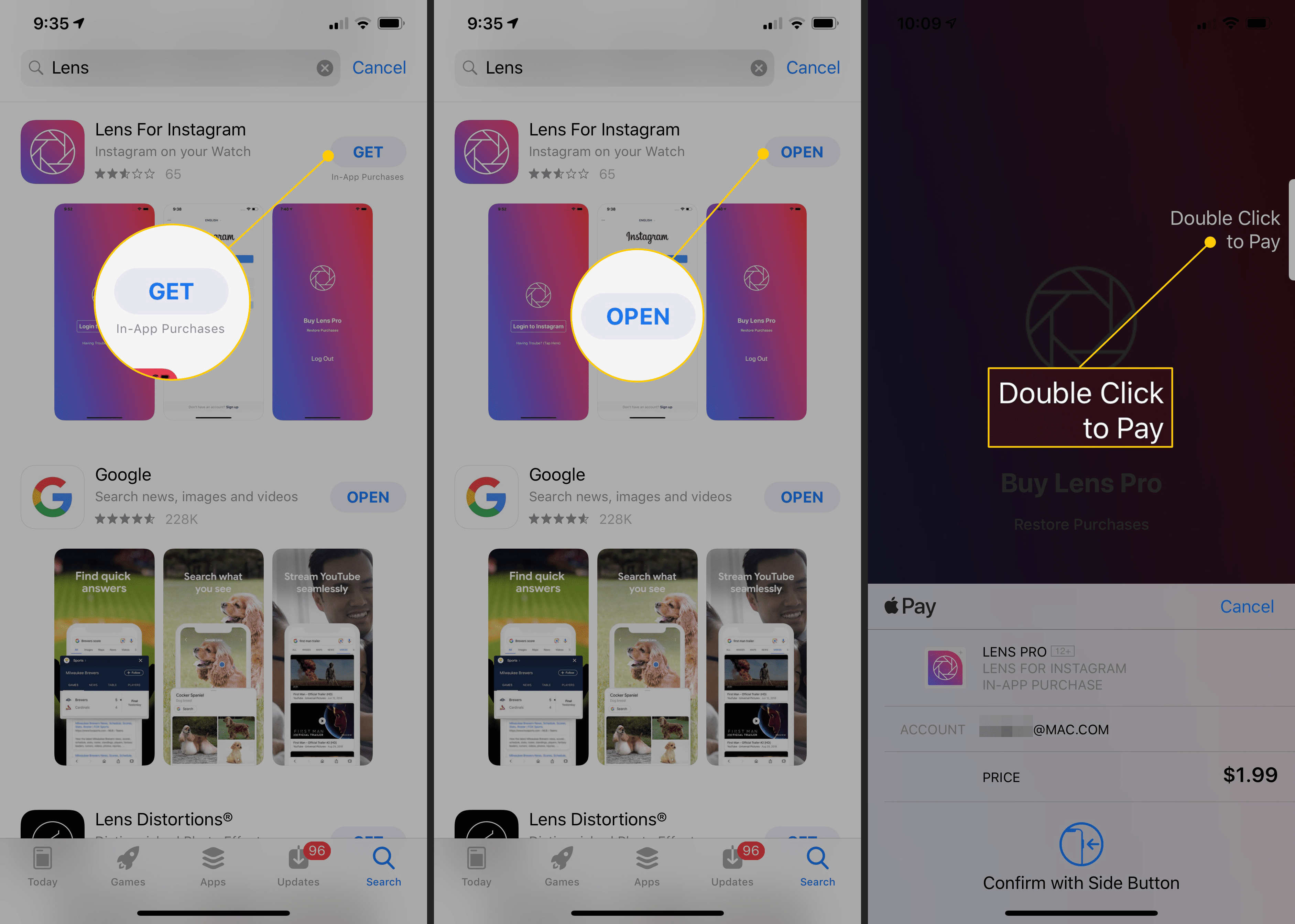 Кнопки «Получить», «Открыть», «Двойной щелчок для оплаты» в приложении App Store
