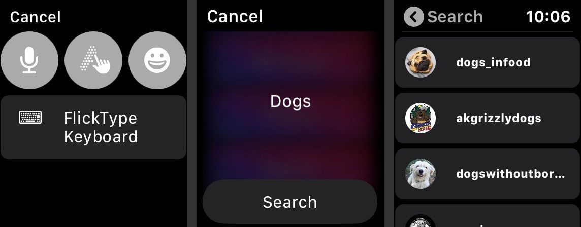 Экран ввода текста, поисковый запрос, результаты поиска на объективе для Apple Watch