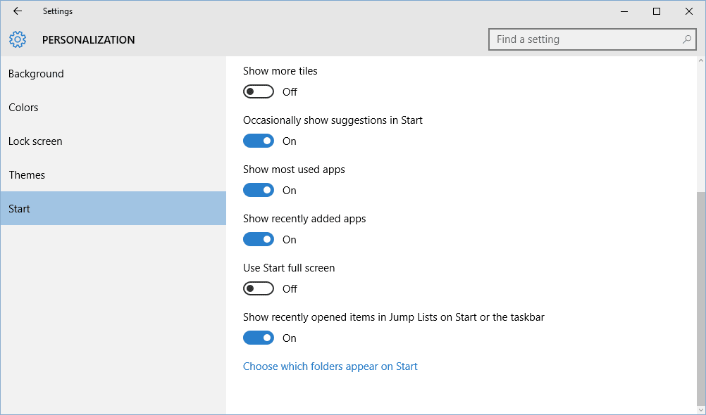 Параметры персонализации меню «Пуск» в Windows 10.