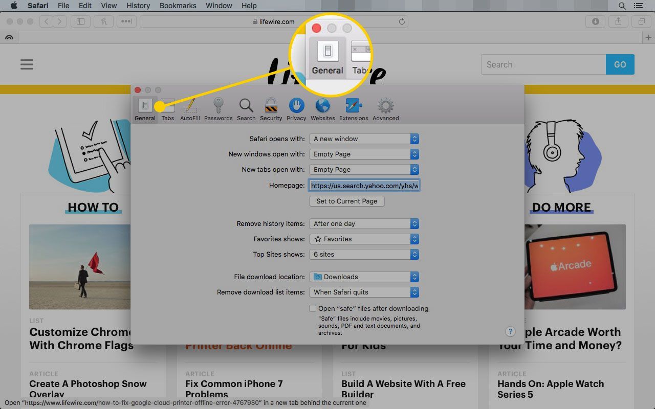 Настройки Safari на Mac с выделенной вкладкой «Общие»