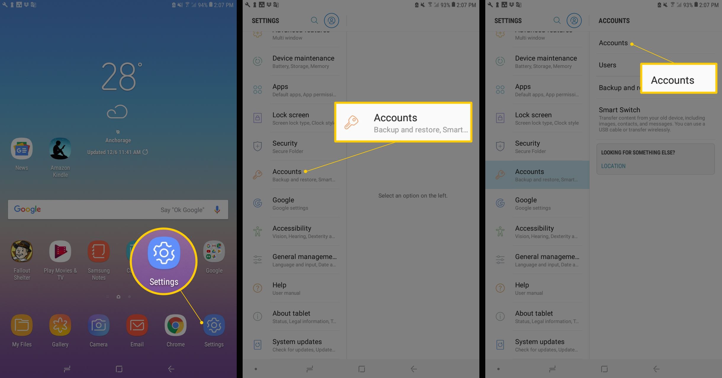 На трех экранах Android отображается значок «Настройки», «Аккаунты», затем «Аккаунты».
