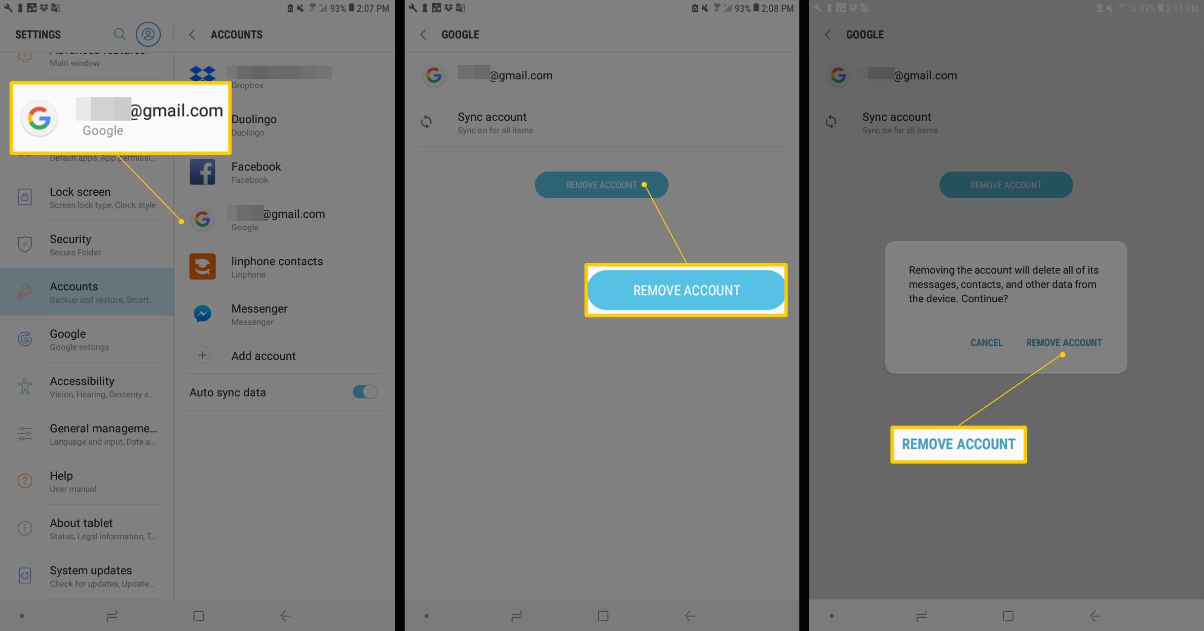 Три экрана Android, на которых отображается учетная запись Gmail для удаления, кнопка «Удалить учетную запись» и подтверждение удаления учетной записи.