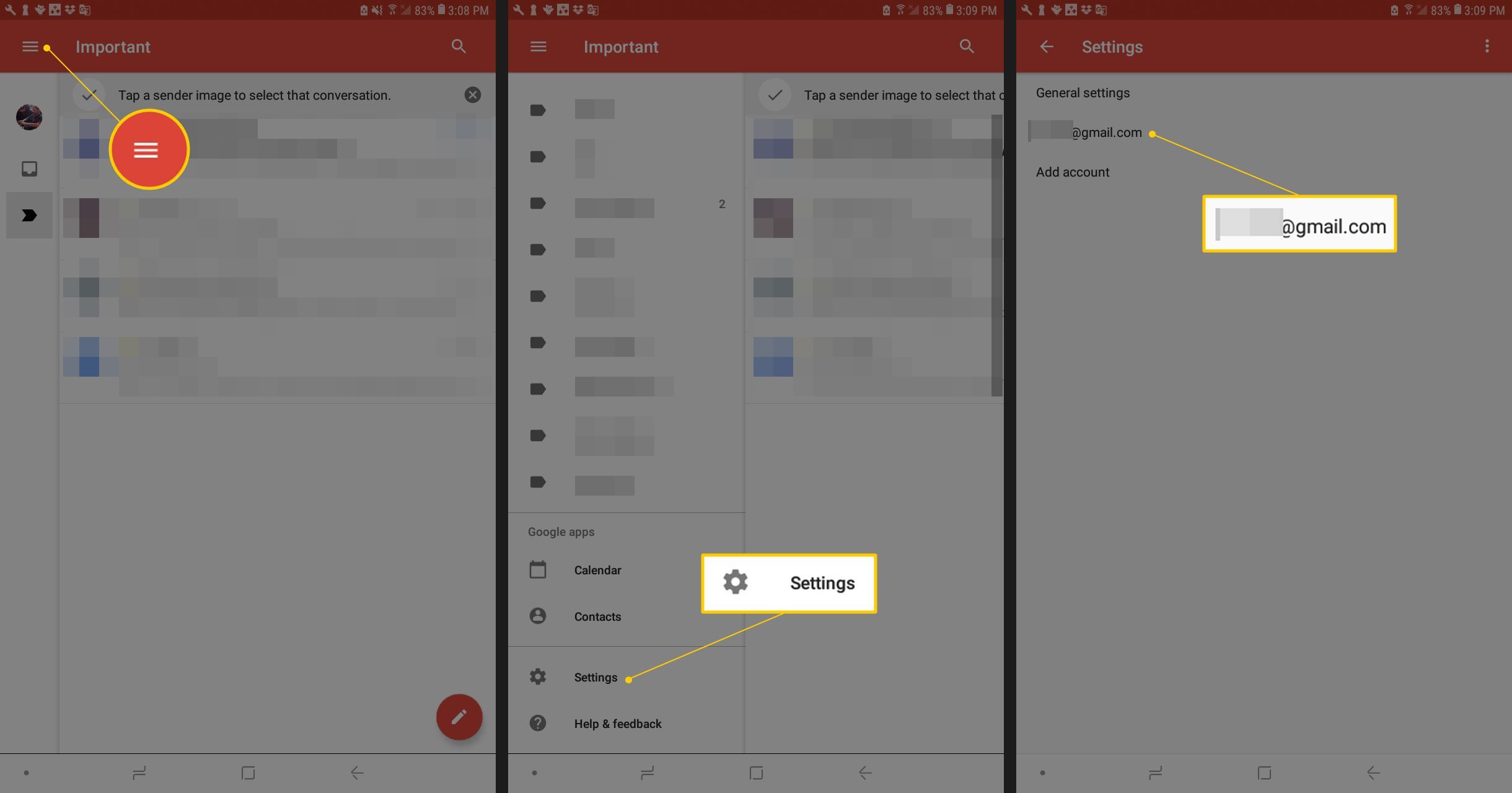 Кнопка меню, кнопка настроек и учетная запись Gmail в настройках Android Gmail