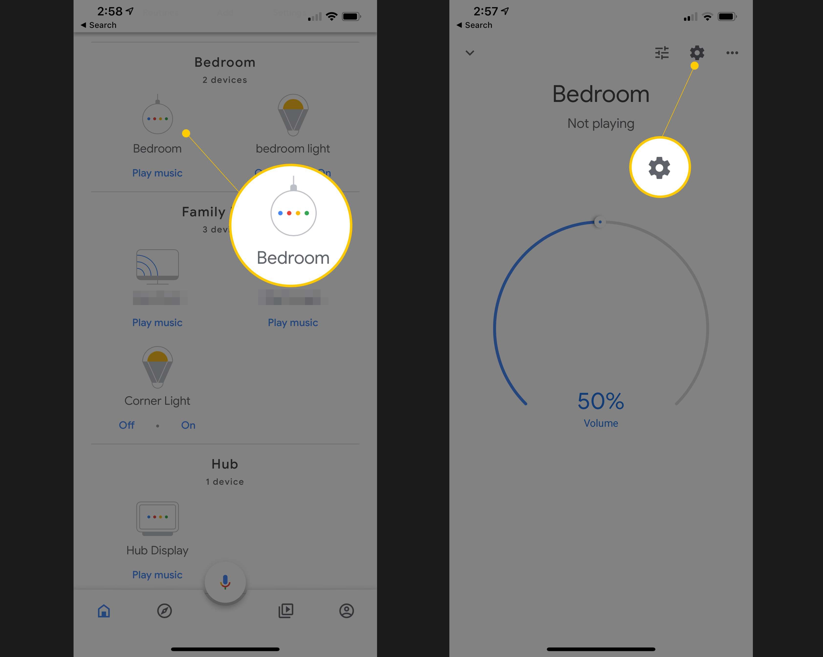 Два экрана iOS, показывающие устройство Google Home для перенастройки и значок Gear