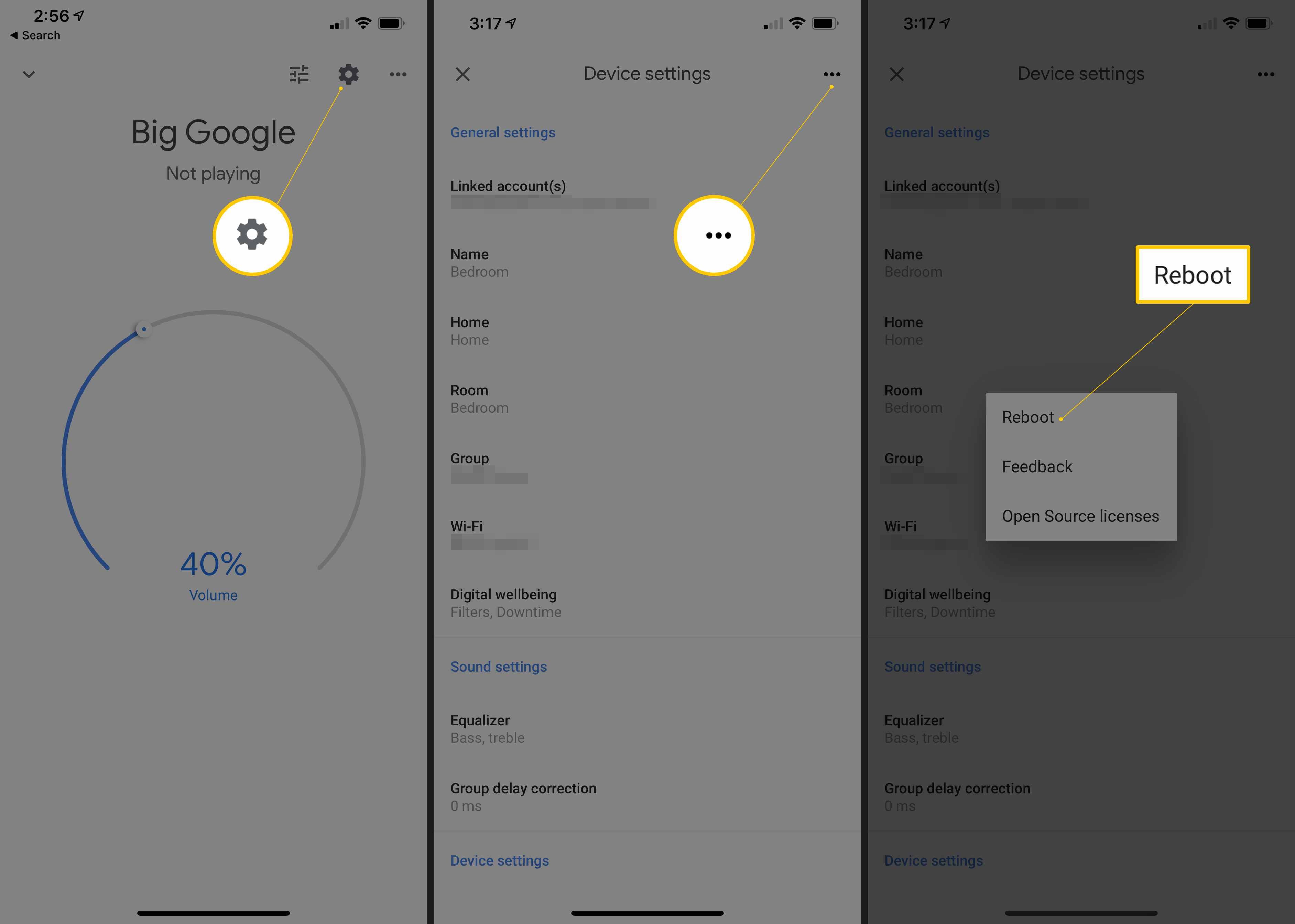 Три экрана iOS в приложении Google Home с изображением шестеренки, меню с тремя горизонтальными точками и параметром «Перезагрузка»