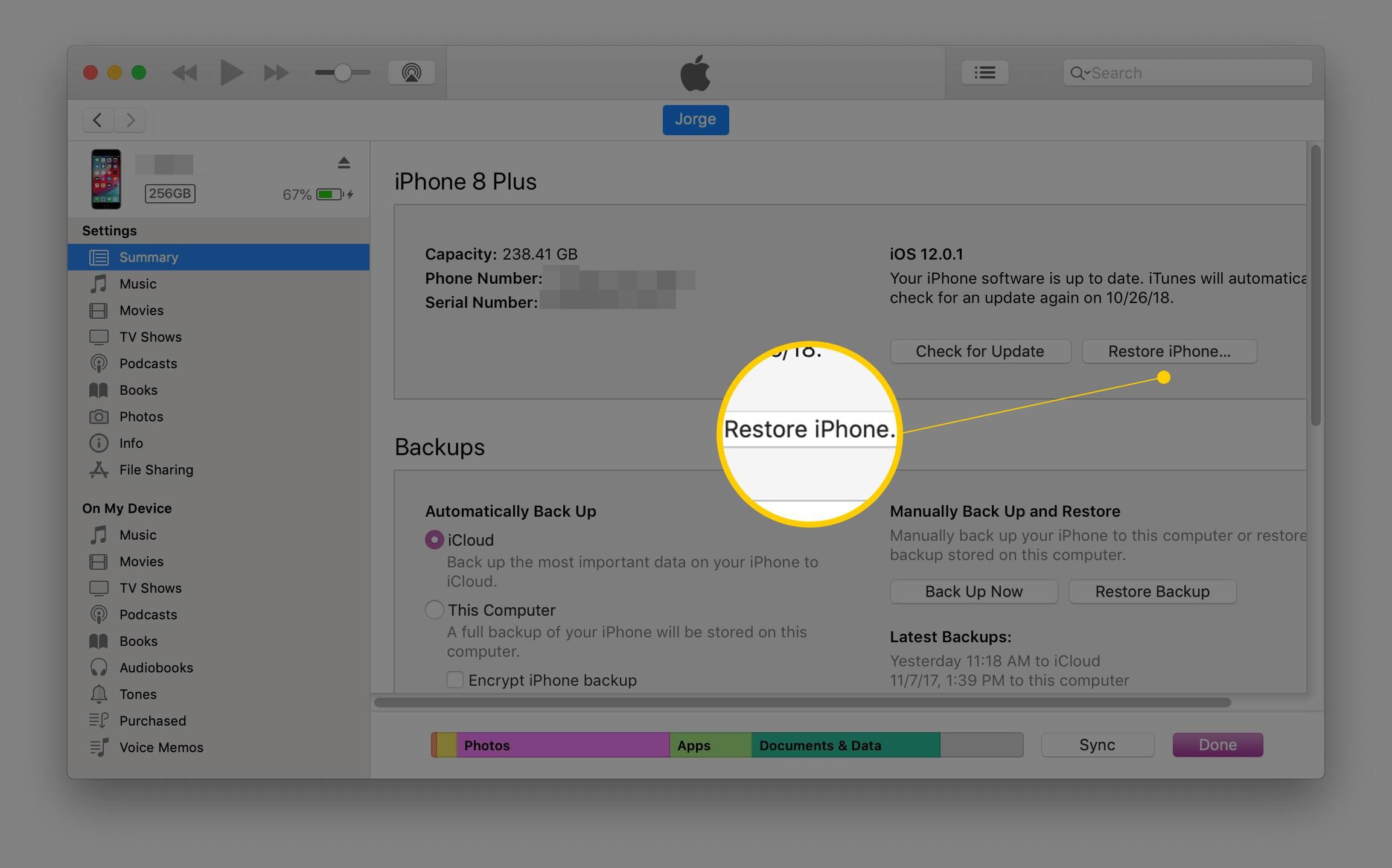 Кнопка восстановления iPhone в iTunes для macOS
