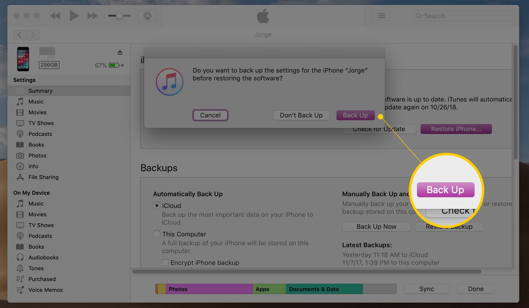 Кнопка резервного копирования в iTunes для macOS