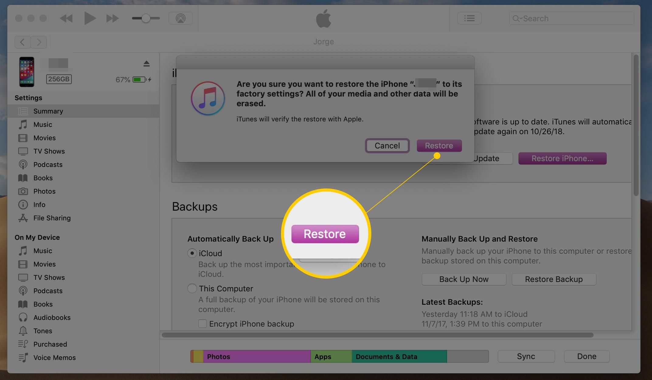 Кнопка подтверждения восстановления в iTunes для macOS