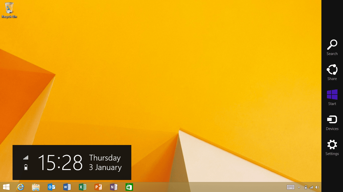 Снимок экрана традиционного режима рабочего стола Windows в Windows RT 8.1