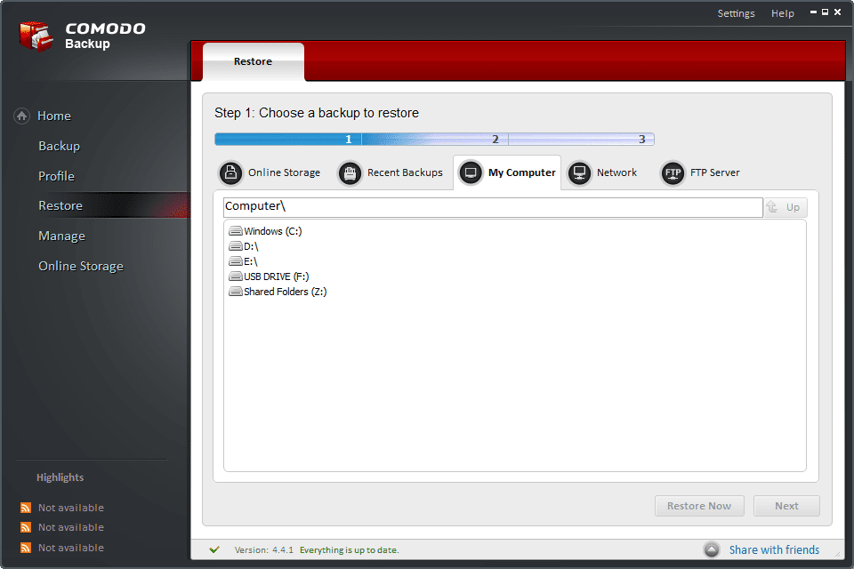 Снимок экрана просмотра Comodo Backup для файла CBU