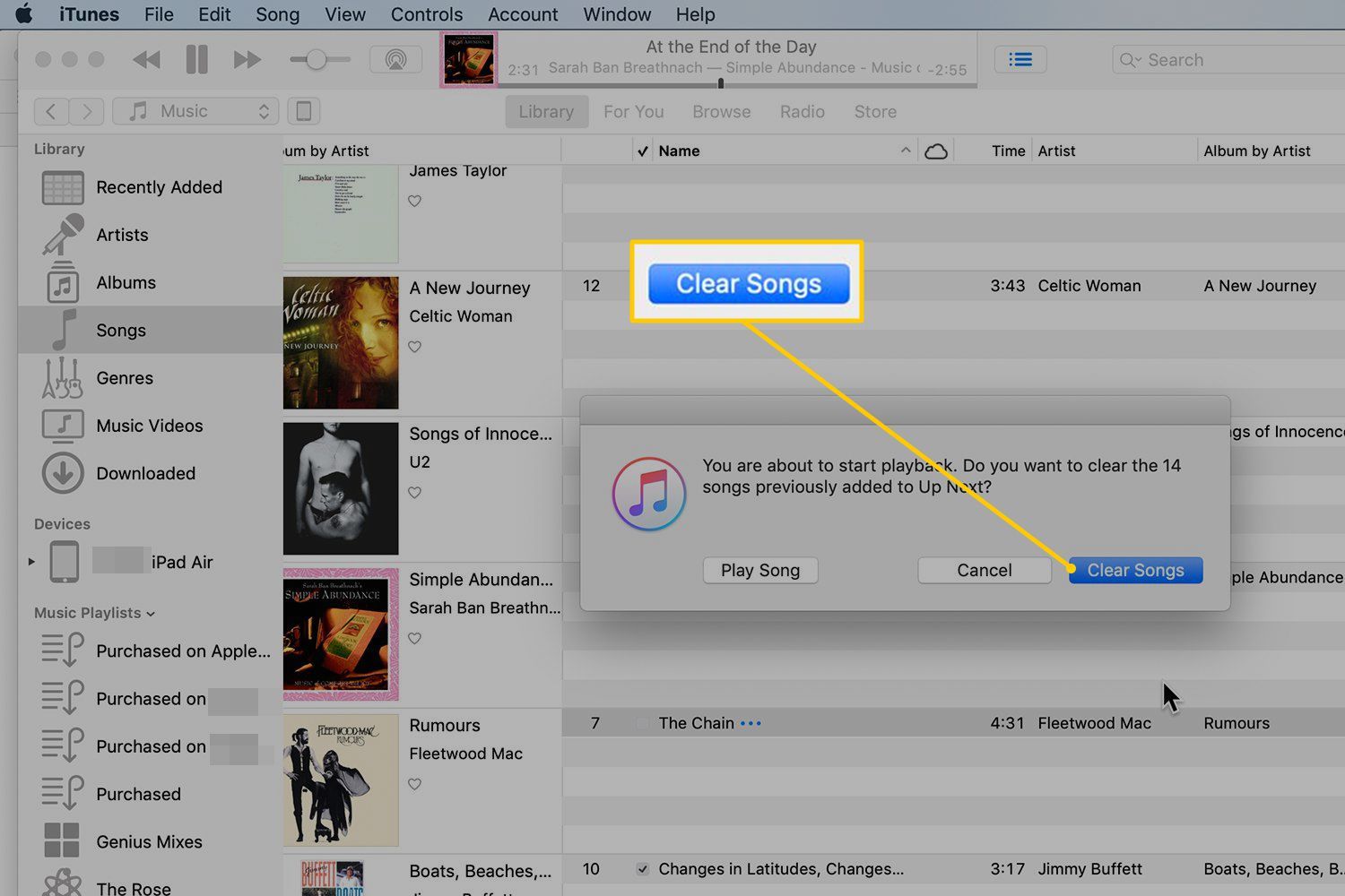 Кнопка «Очистить песни» в диалоге iTunes