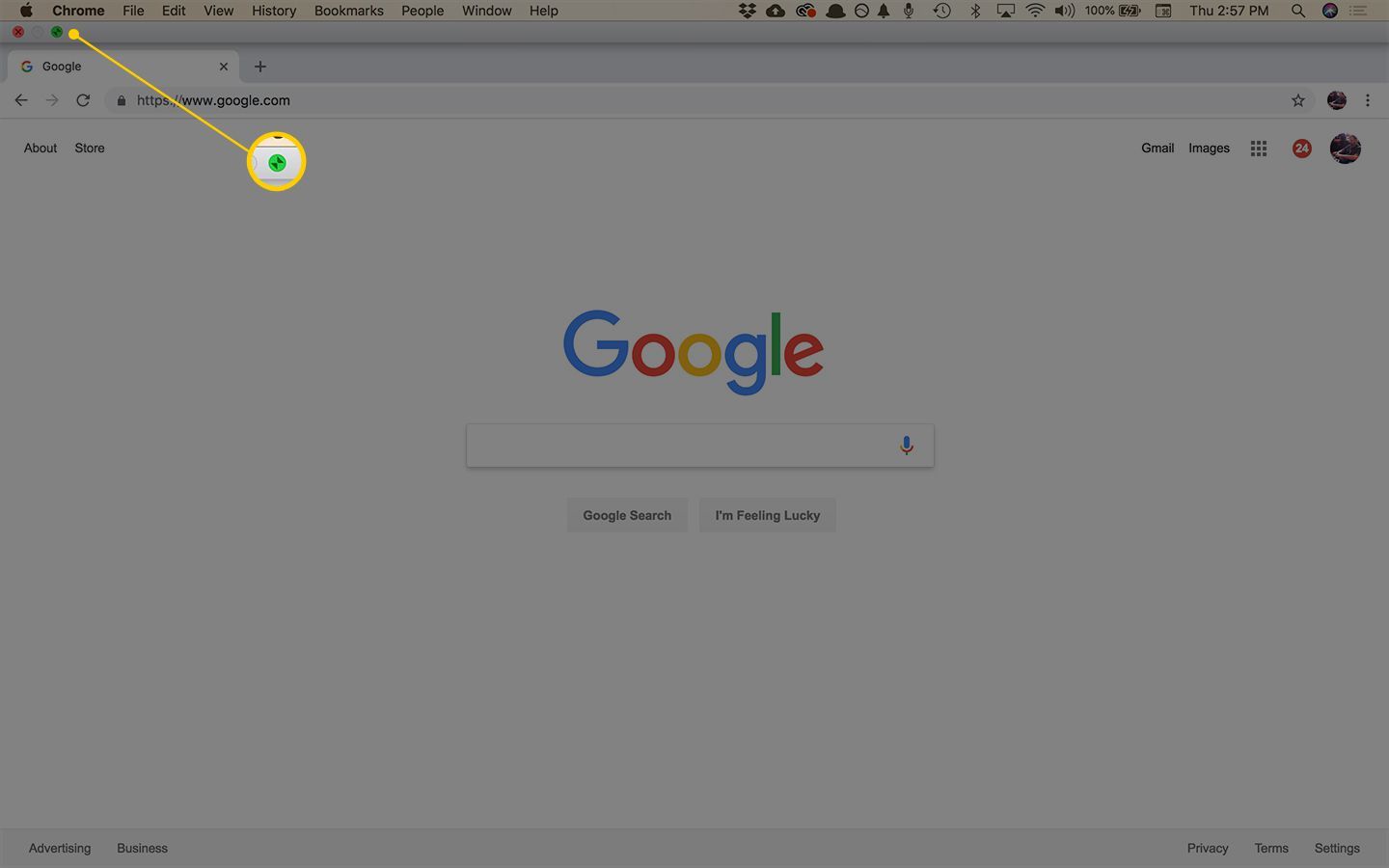 Снимок экрана: зеленая точка в левом верхнем углу полноэкранного окна Chrome в macOS