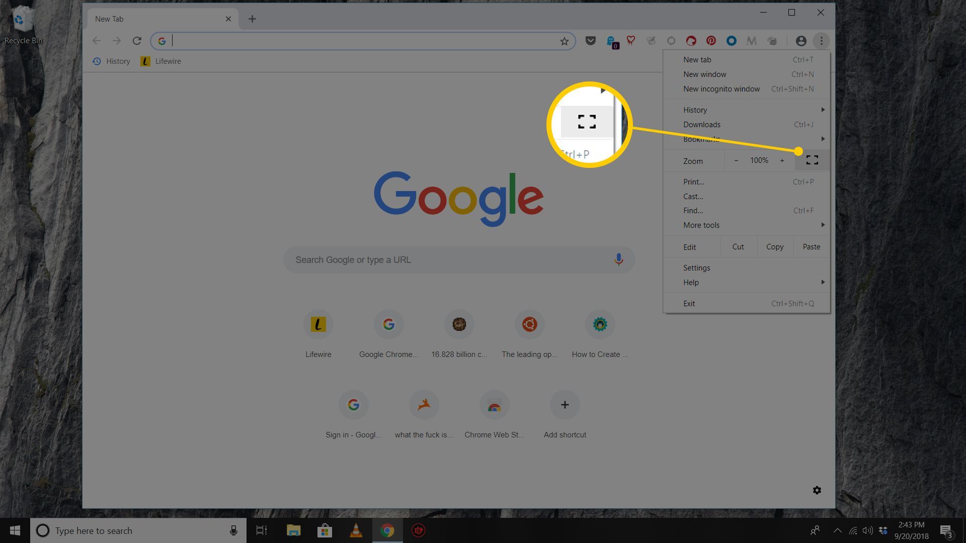 Снимок экрана полноэкранной кнопки в настройках Chrome в Windows 10