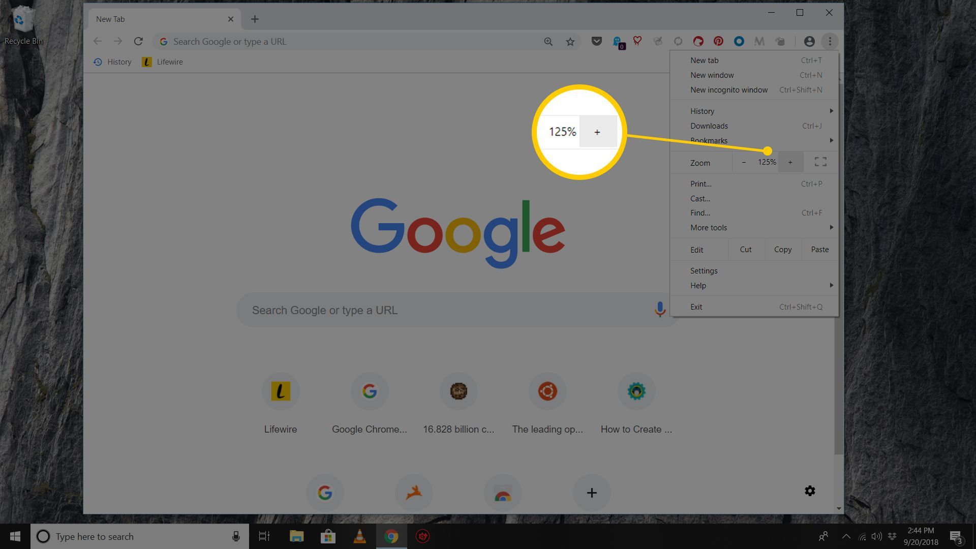 Снимок экрана инструмента Zoom для отдельных страниц в Chrome в Windows 10