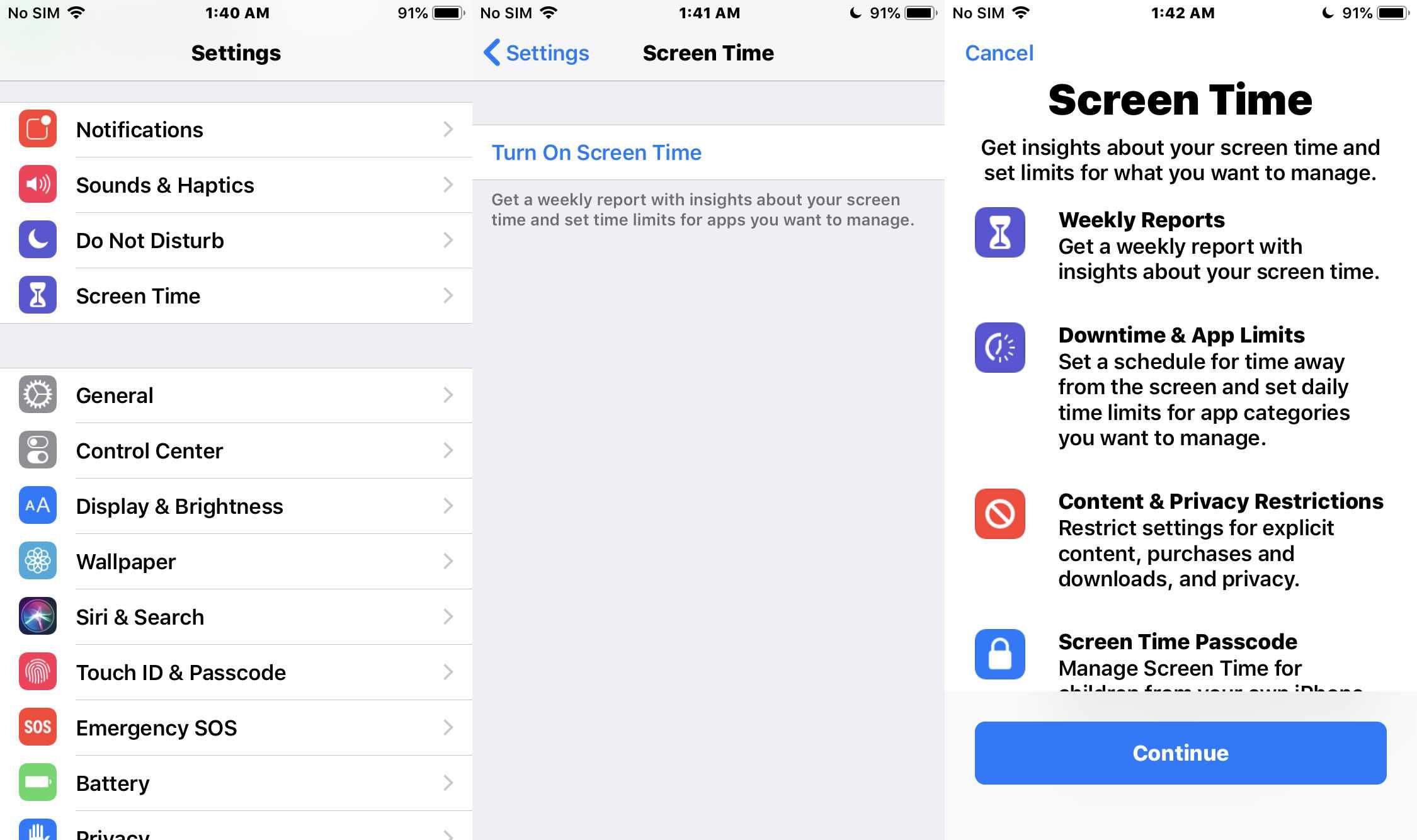 Скриншот, показывающий, что Screentime включен в iOS 12.