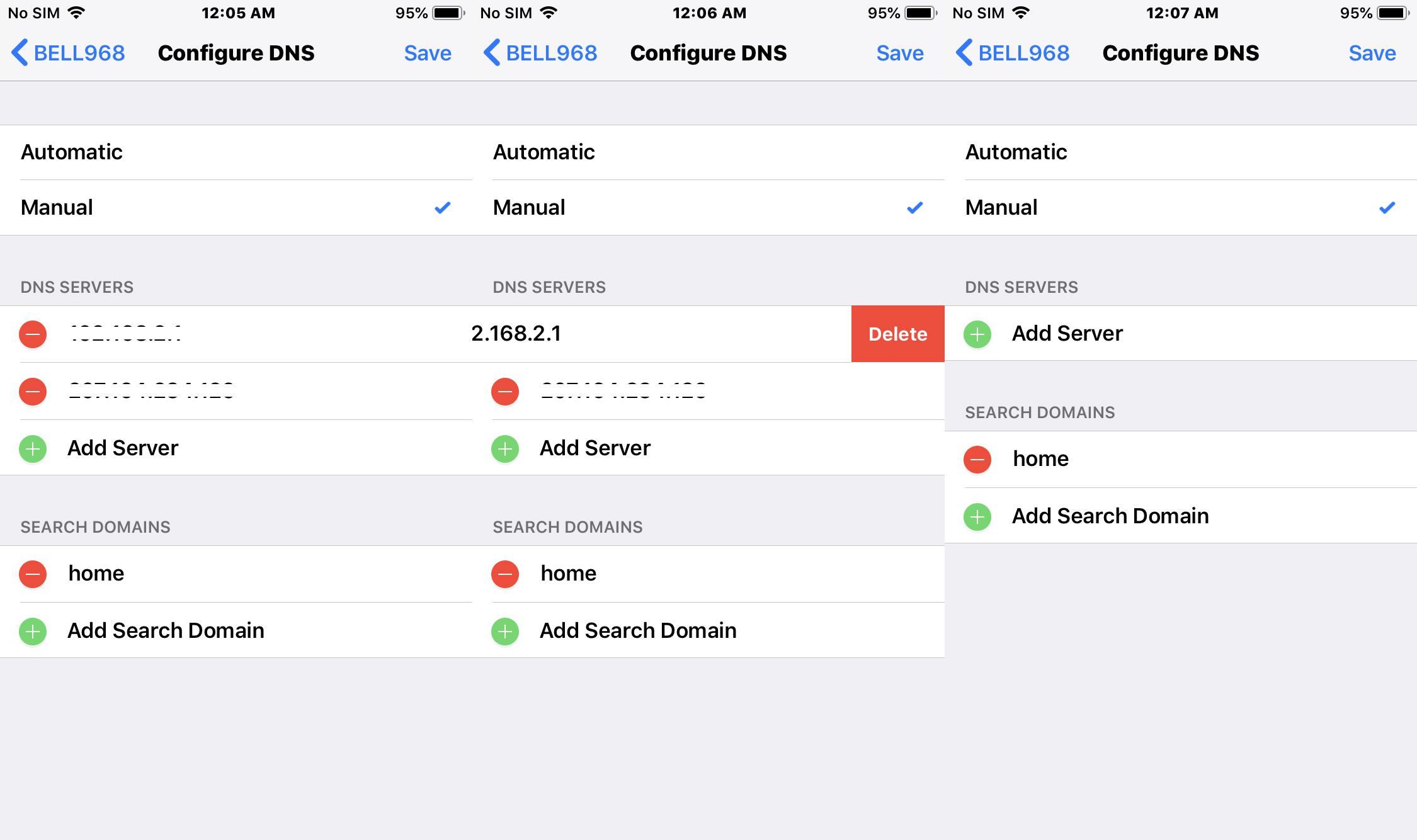 Скриншот, показывающий ручную настройку DNS в iOS 12.