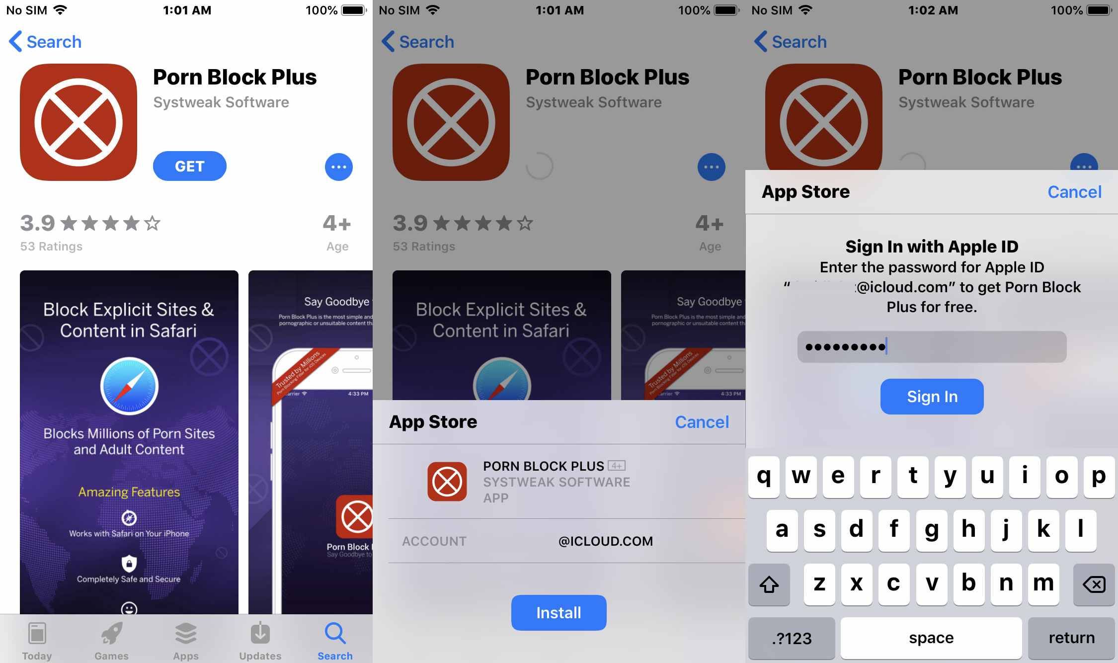 Скриншот, показывающий установку Porn Block Plus на iOS.