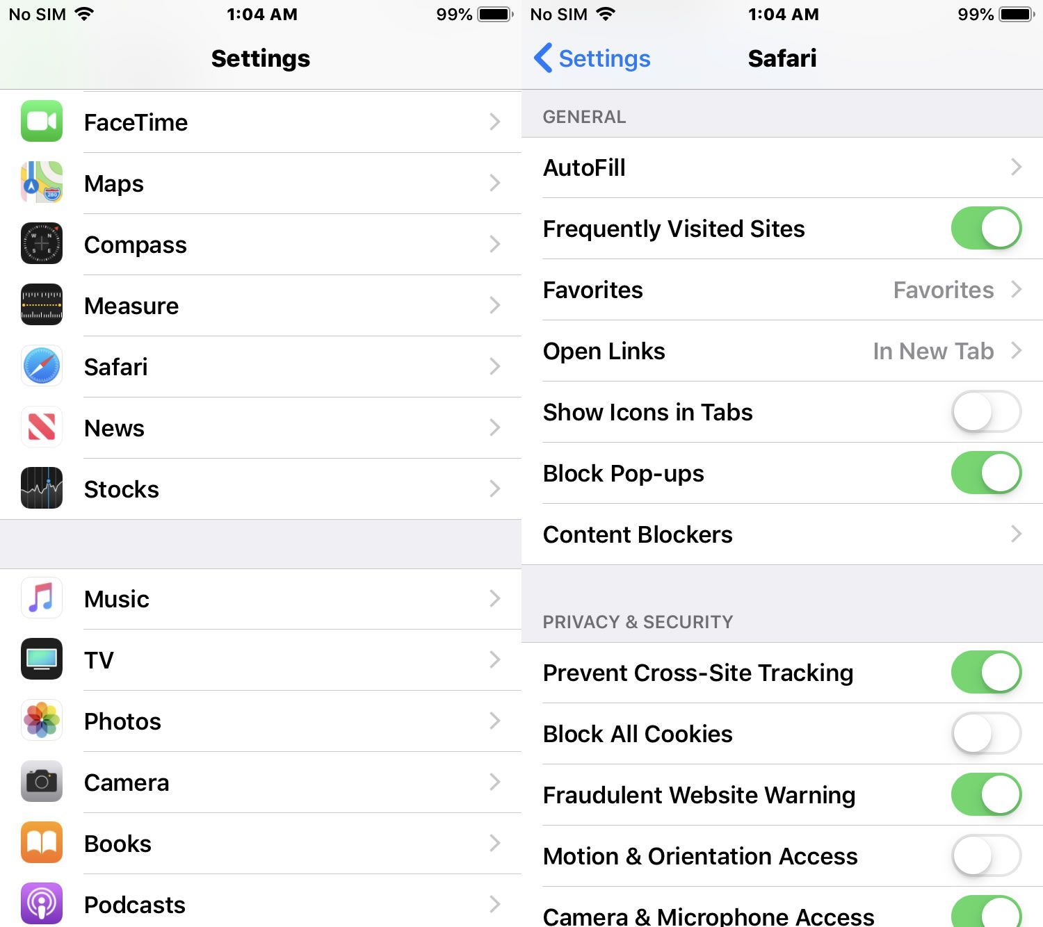 Скриншот, показывающий Safari's settings in iOS 12.
