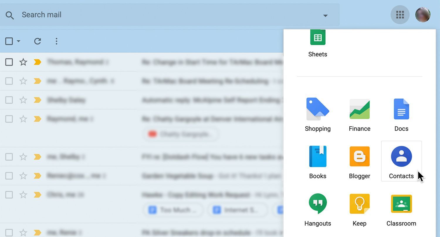 Опция Контакты меню Gmail