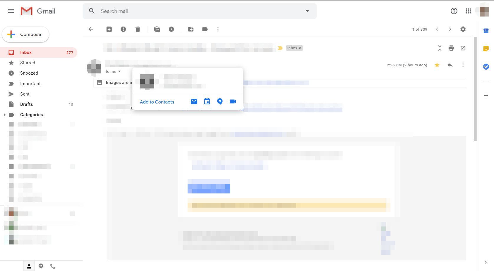 Gmail с отображенной карточкой контакта