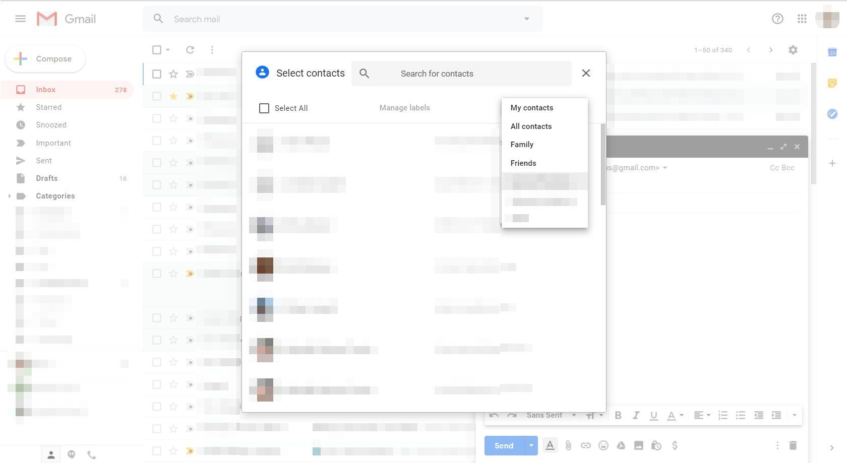 Откроется диалоговое окно Gmail с выбором контактов