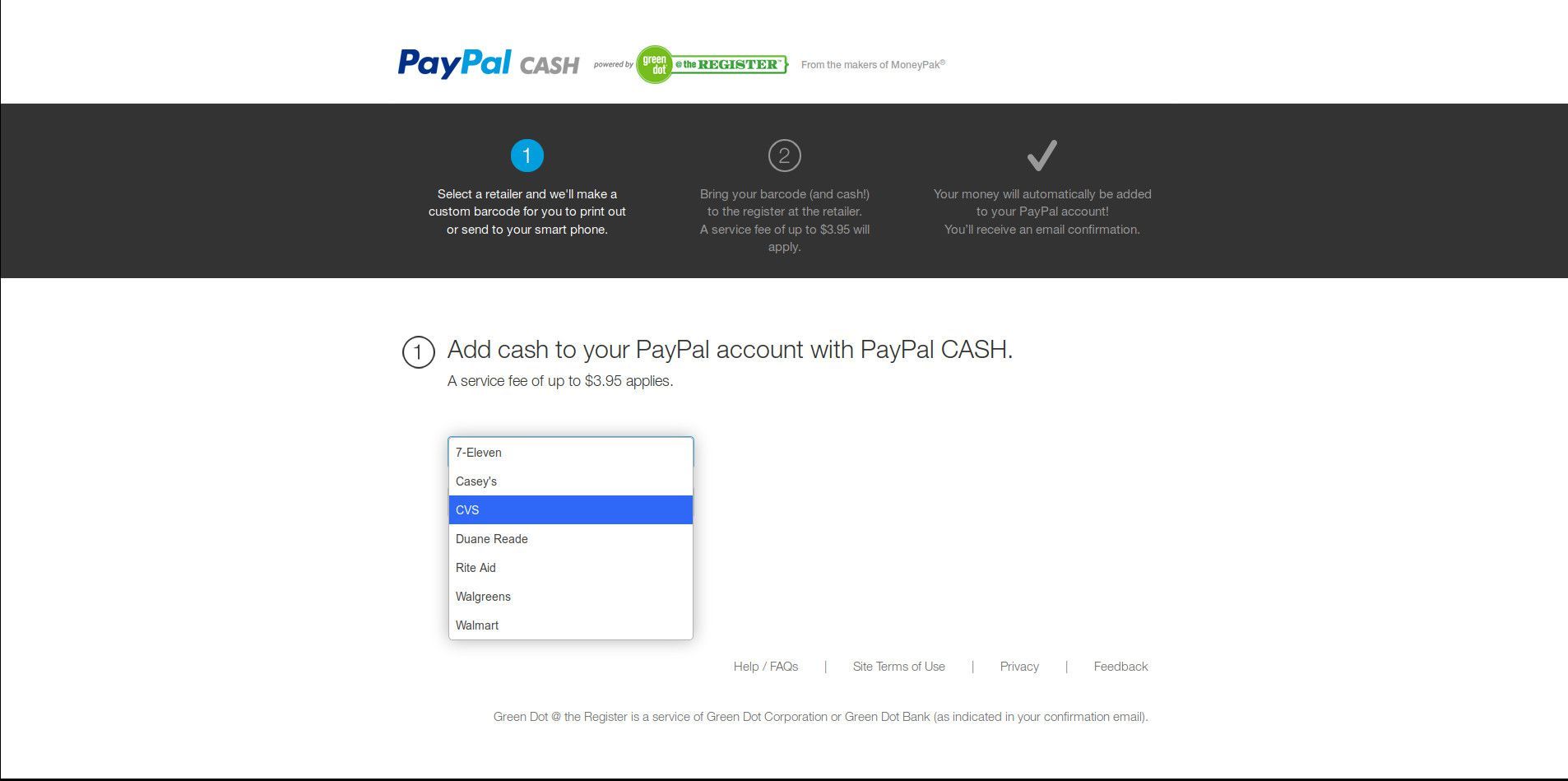 Выберите Розницу, чтобы добавить наличные в PayPal