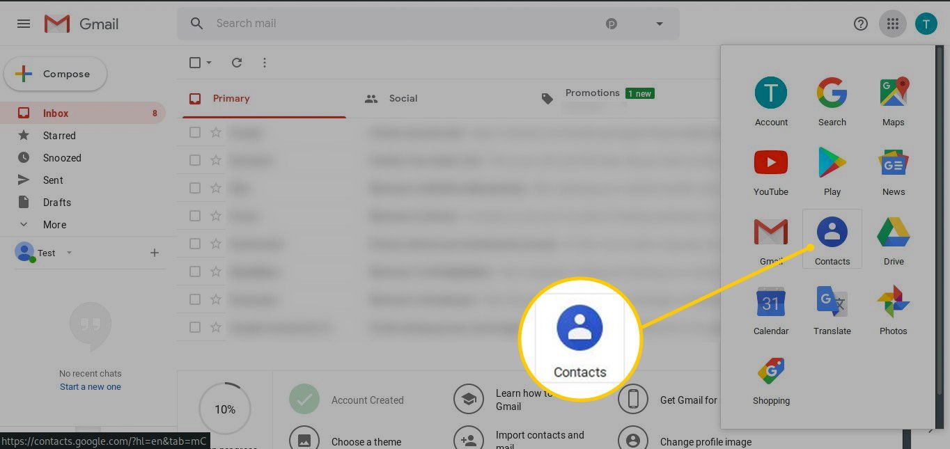 Кнопка контактов на панели приложений Gmail