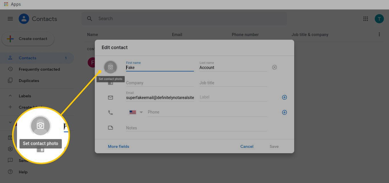 Установить кнопку фото контакта в контактах Gmail