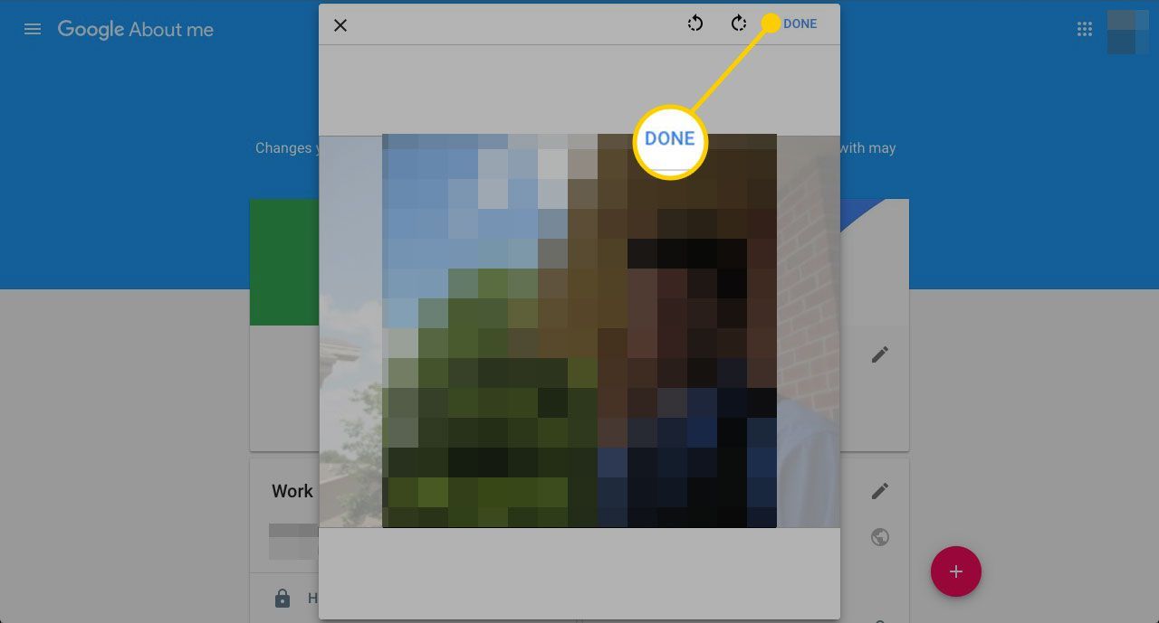 Окно форматирования изображения для картинки профиля Google с выделенной кнопкой Готово