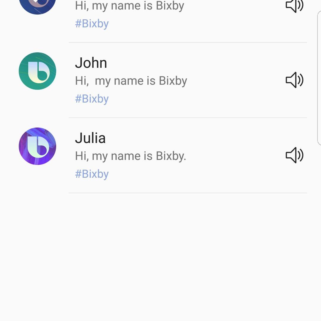 Настройки Bixby открыты с текстом и значками на белом фоне.